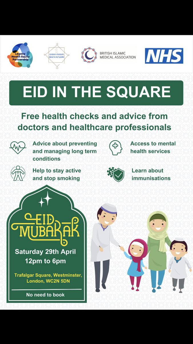 MariannaMasters's tweet photo. Great day visiting @LondonMuslimNHS on the health stall at @MayorofLondon #EidInTheSquare event in Trafalgar Square
The team shared health info on conditions from diabetes, high blood pressure to cancer awareness. Nice meeting co-chair @salmanWaqar
👏🏾 @NHSEnglandLDN @SadiqKhan https://t.co/sFFn8WNG5U