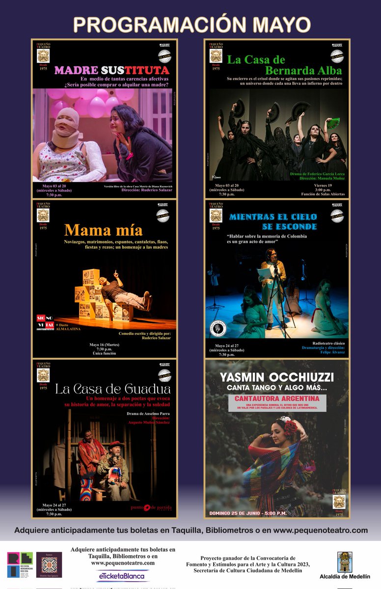 Pequeno_TeatroM's tweet photo. ¡Mayo, mes de madres en #LaCasaDeTodos!

Adquiere tus boletas con anticipación en taquilla, dispensadores y https://t.co/kYEs7w1Ltd

+Info:
3206718224 https://t.co/zBXvd7j5SS

Proyecto ganador de la Convocatoria de Fomento y Estímulos para el Arte y la Cultura 2023
@AlcaldiadeMed https://t.co/oJdnK1vQzc