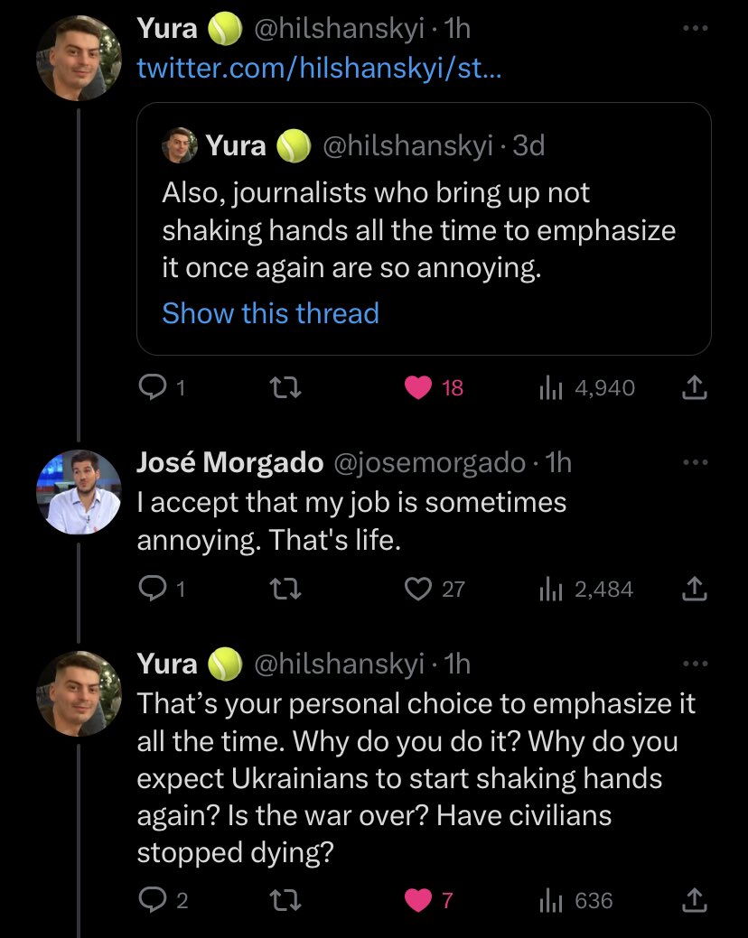 rubledever's tweet photo. “blah blah blah i’m a tennis journalist and it’s my job to report on these things” you have the choice to emphasise certain things about our sport. why are we focusing on things as trivial as handshakes and not the actual playing? https://t.co/yu0jD07PnI