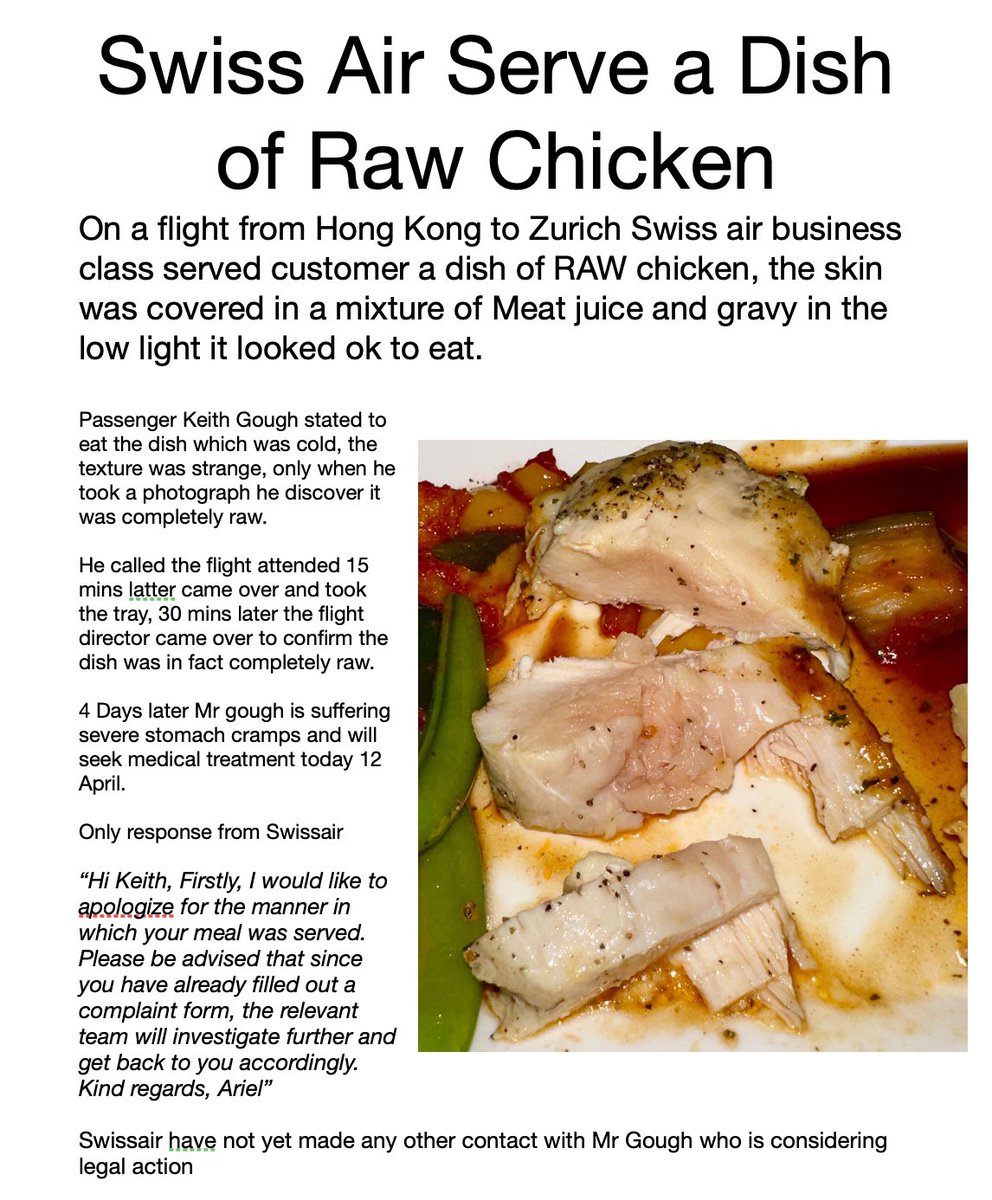 Being served raw chicken on Swissair business class, not very clever #flyswiss