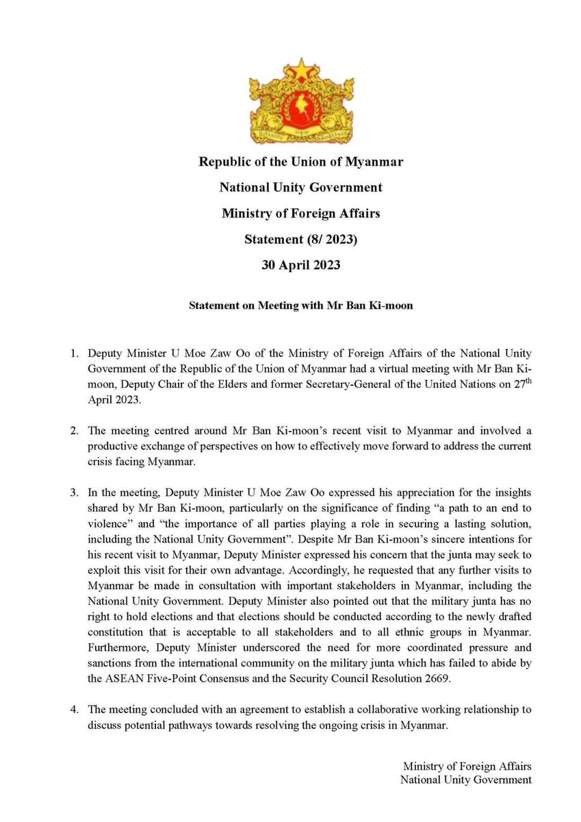 Former UN SG Mr. Ban Ki-moon had an online discussion with #NUG Deputy Foreign Minister. We appreciate his briefing and agreement to establish collaborative relationship towards resolving crisis in #Myanmar.  See link:
m.facebook.com/story.php?stor…
 <a href="/TheElders/">The Elders</a> <a href="/elbegdorj/">ELBEGDORJ Tsakhia Mongol</a>