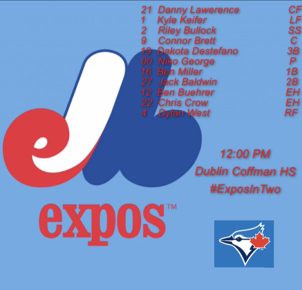 expos_in_2's tweet photo. OPENING DAY.

Expos take on the Blue Jays today at Noon @ Dublin Coffman HS #ExposInTwo https://t.co/ZJoa3o1tyW