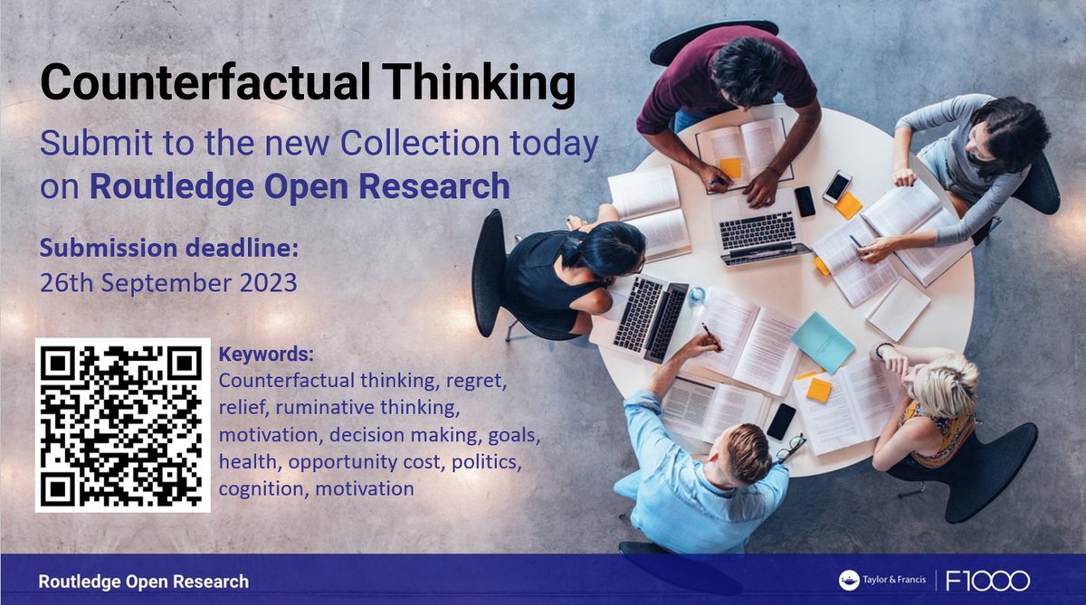 ajbravo_PhD's tweet image. I am excited to serve as a Collection Advisor along with @nroese, @SofiaTagini, @MentSIM, and @marro_bert on a call for research on &quot;Counterfactual Thinking&quot; hosted by @tandfhss.

Details:
routledgeopenresearch.org/collections/co…

#RoutledgeOpenResearch #OpenResearch #OpenAccess #AcademicTwitter