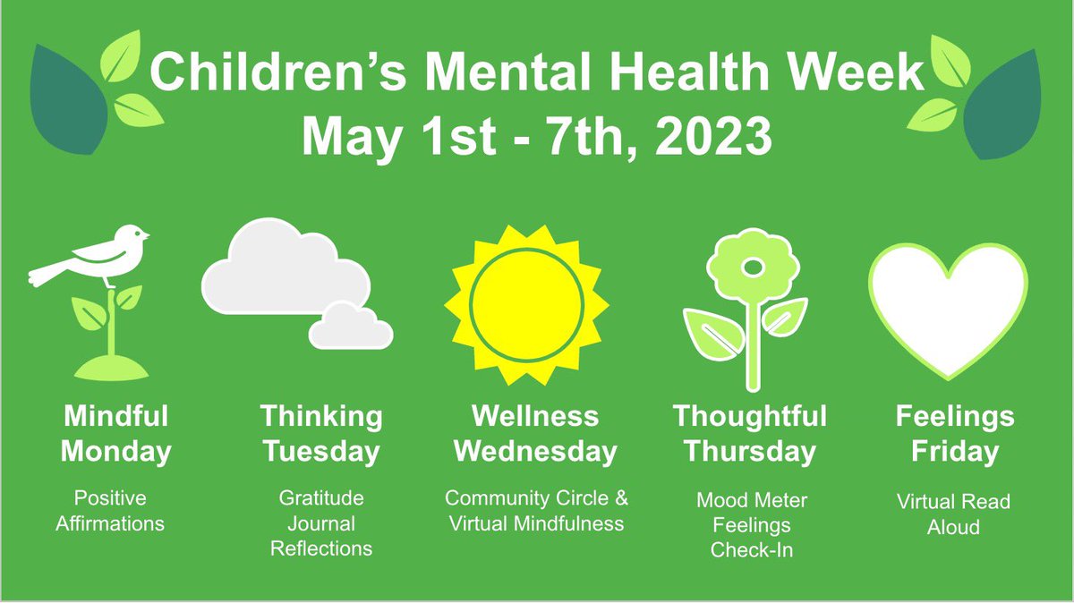 Holly Moniz (@crwmoniz) on Twitter photo It’s Children’s Mental Health Week May 1st-7th and our Mental Health Matters Club have planned a beautiful flow of initiatives for the <a href="/CRWPS/">Captain R. Wilson</a> community to engage in. Check out the daily themes that will guide our well-being experiences ⬇️ #MentalHealthMatters <a href="/HDSB_smhwb/">HDSB student mental health and well-being</a> It’s Children’s Mental Health Week May 1st-7th and our Mental Health Matters Club have planned a beautiful flow of initiatives for the <a href="/CRWPS/">Captain R. Wilson</a> community to engage in. Check out the daily themes that will guide our well-being experiences ⬇️ #MentalHealthMatters <a href="/HDSB_smhwb/">HDSB student mental health and well-being</a>
