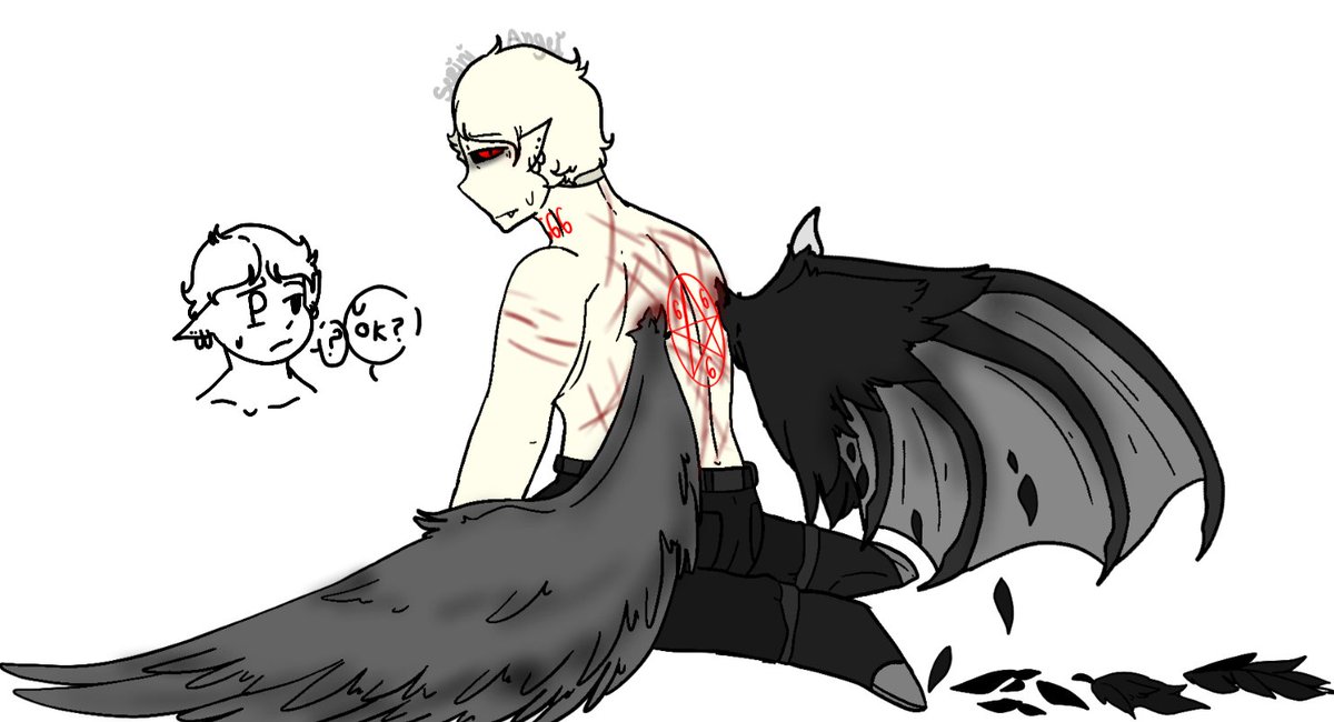 Satanic with fallen angel wings?!? 1! 1? 1? 1? 😨/jjj
Those scars are from his dad(King) that abuse him 💔
(yes it's apart of Satanic's lore/story🚶‍♀️) 
#art #PoppyPlaytime #PoppyPlaytimePlayer #Angel #Demon #Fallenangel #doodle