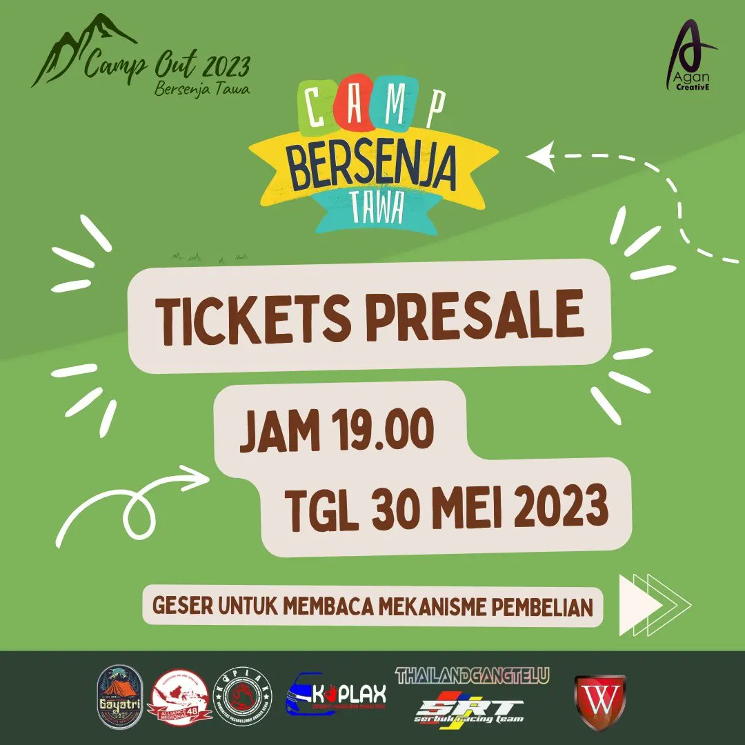 AganProject's tweet photo. 📢 Camp Out Bersenja Tawa 2023 📢

Pembelian Tiket Presale telah di buka ❗❗

Harga Presale hanya 275.000 ❗❗

Untuk Pemesanan tiket bisa langsung ke : https://t.co/C09v5G0LIg

Link pemesanan tiket juga bisa kalian klik di bio kami 😊

#CampBersenjaTawa2023 https://t.co/KvgVoVfSAH