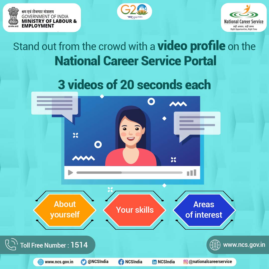 NCSIndia's tweet photo. Stand out and showcase your skills through a video profile to employers on the National Career Service portal.
Register today at https://t.co/CzfOtPqxdC
@mygovindia @LabourMinistry #nationalcareerservice #MoLEIndia #jobs #jobsearch #jobsindia #videoprofile #careerskills https://t.co/raZAKZLCga