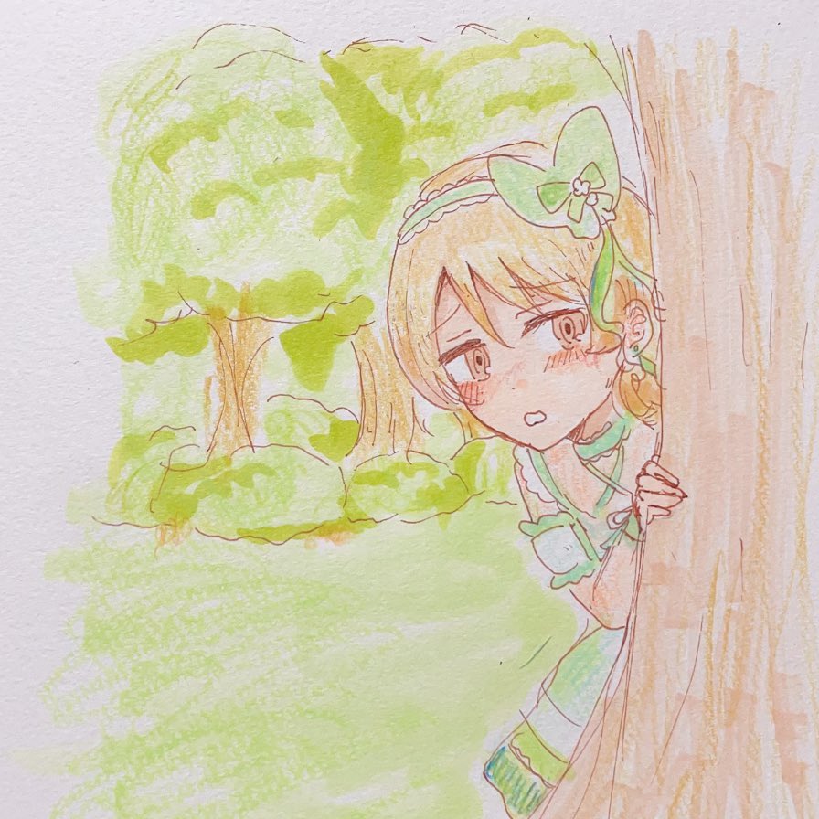 morikubo nono 1girl peeking out solo hiding blush tree bush  illustration images