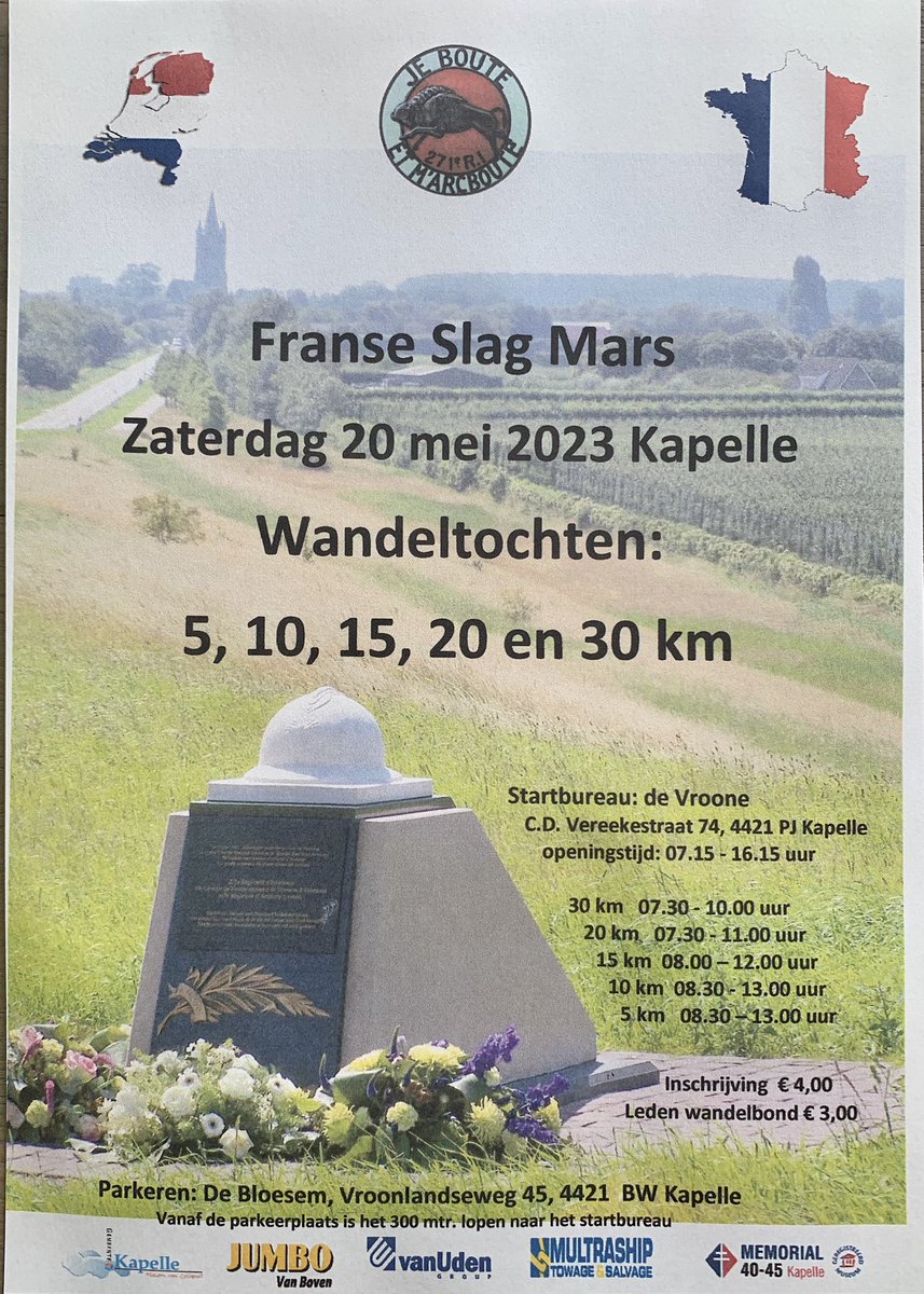 Zaterdag 20 mei 2023 is er weer de Franse slag mars in Kapelle met verschillende afstanden.
Start is bij de Vroone in Kapelle.
<a href="/Gem_Kapelle/">Gemeente Kapelle</a> @AntonStapelkamp <a href="/MemorialKapelle/">Memorial 40-45 Kapelle</a> <a href="/ConstantijnJodH/">Constantijn JodH</a> <a href="/pzcredactie/">PZC</a> <a href="/omroepzeeland/">Omroep Zeeland</a>