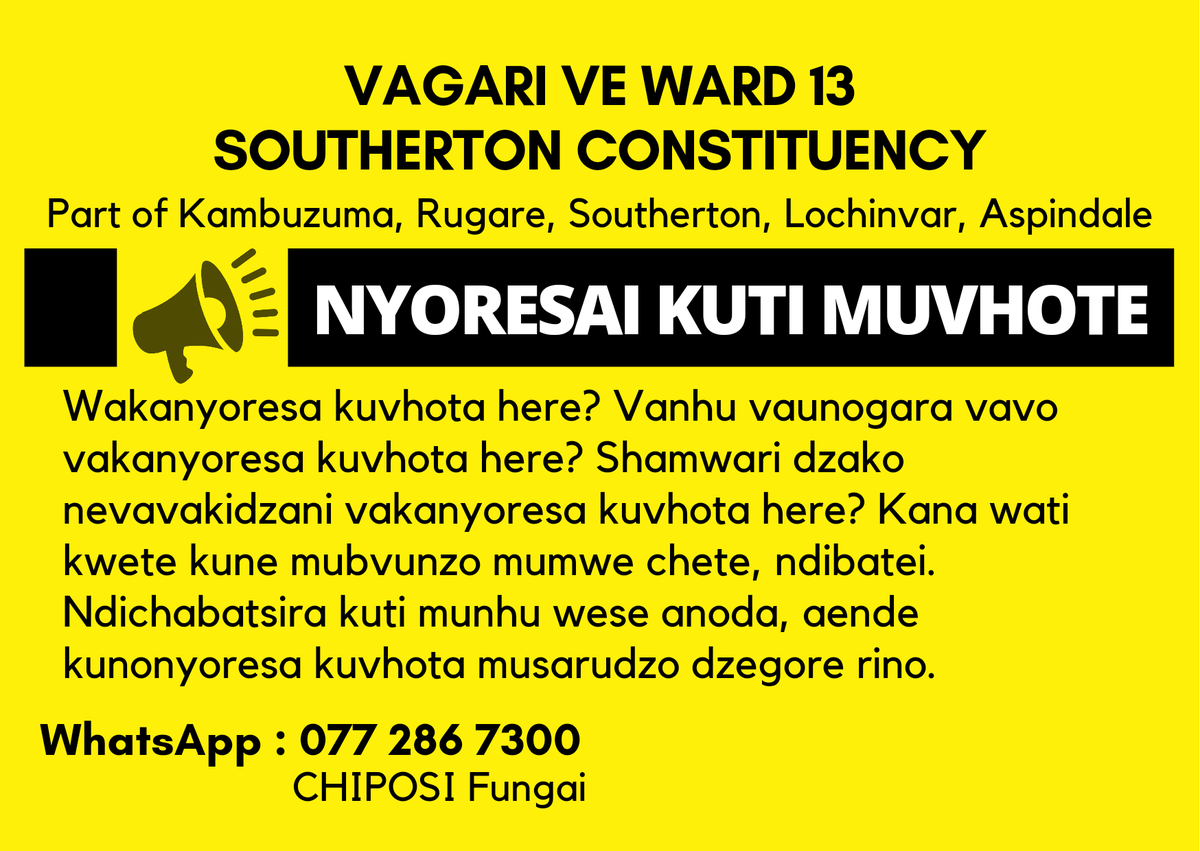Att: Ward 13 Citizens
I will provide transport for those who want to go and register to vote. Please contact me or alert your SPP or Coordinator. Let us all register to vote. Complaining will not change things. Please RT to spread word
#RegisterToVoteZW #OnePlusFive #BeholdTheNew