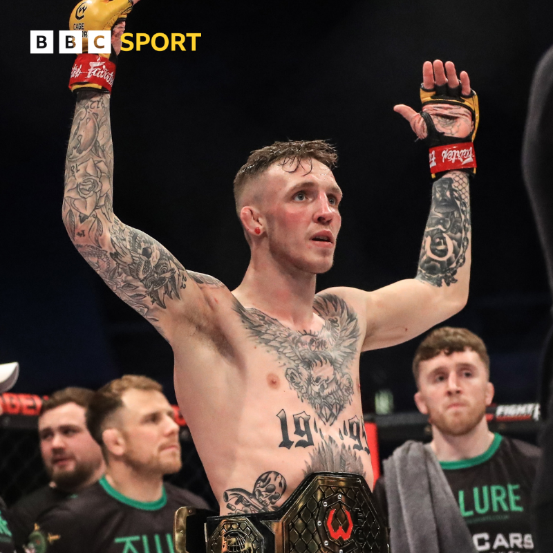 BBCSPORTNI's tweet photo. MMA: Ballymena fighter Rhys McKee defends @CageWarriors title after defeating Jimmy Wallhead in Dublin.