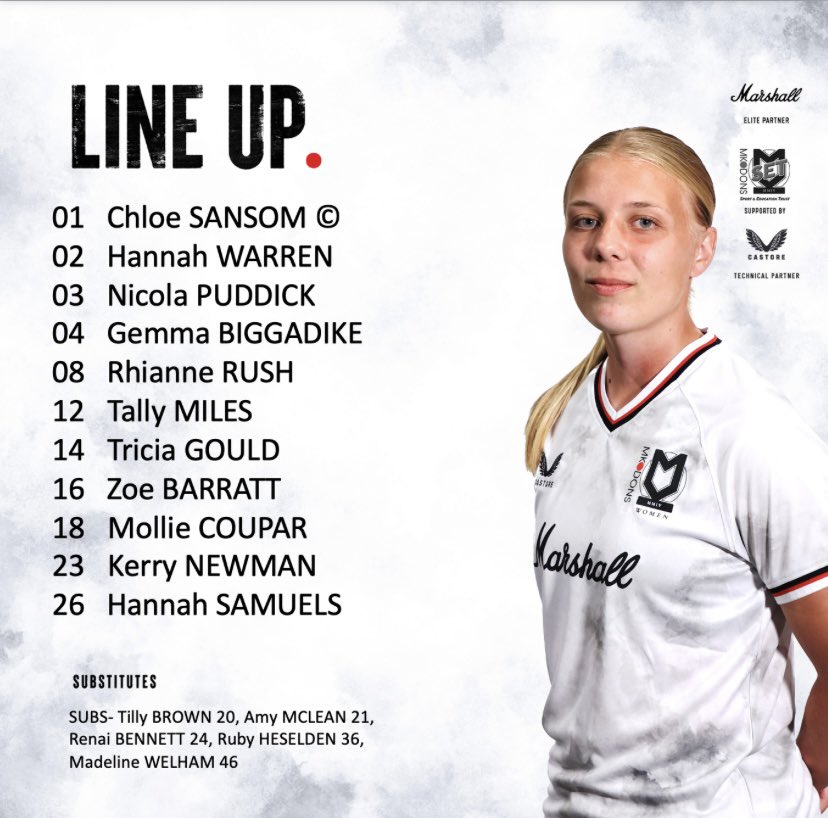 MKDonsFCWomen's tweet photo. TEAM NEWS 🤩

Our official lineup for our @FAWNL last league tie of the season against @ArgyleWFC 

Well done to Madeline Welham for her second first team involvement after impressing in the U16s and U23s squads 

Another shoutout to Ruby Heselden for her first call up to first team after an impressive season with the U23s