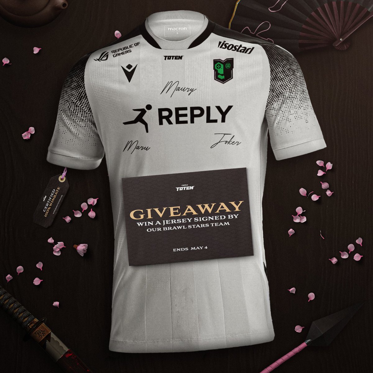 GIVEAWAY - Win a Jersey signed by our Brawl Stars team! 🎁

Japan Masters are coming and one of you will be able to cheer for us with our official Jersey! 🇯🇵

To participate:
✅ Follow <a href="/Reply_Totem/">REPLY TOTEM</a> 
♻️ Like &amp; Retweet
💬 Tag 2 friends

Winner selected on May 4th, good luck!
