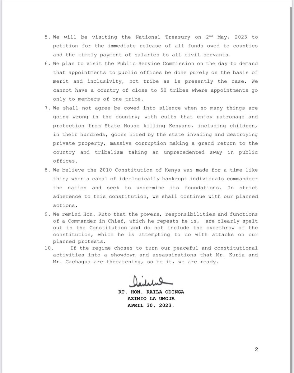 TheODMparty's tweet photo. Assassination threats on our leader @RailaOdinga and other leaders in Azimio not withstanding, we shall be on the streets of Nairobi on Tuesday 2nd of May 2023. “We are ready”. https://t.co/5d5De29yfw