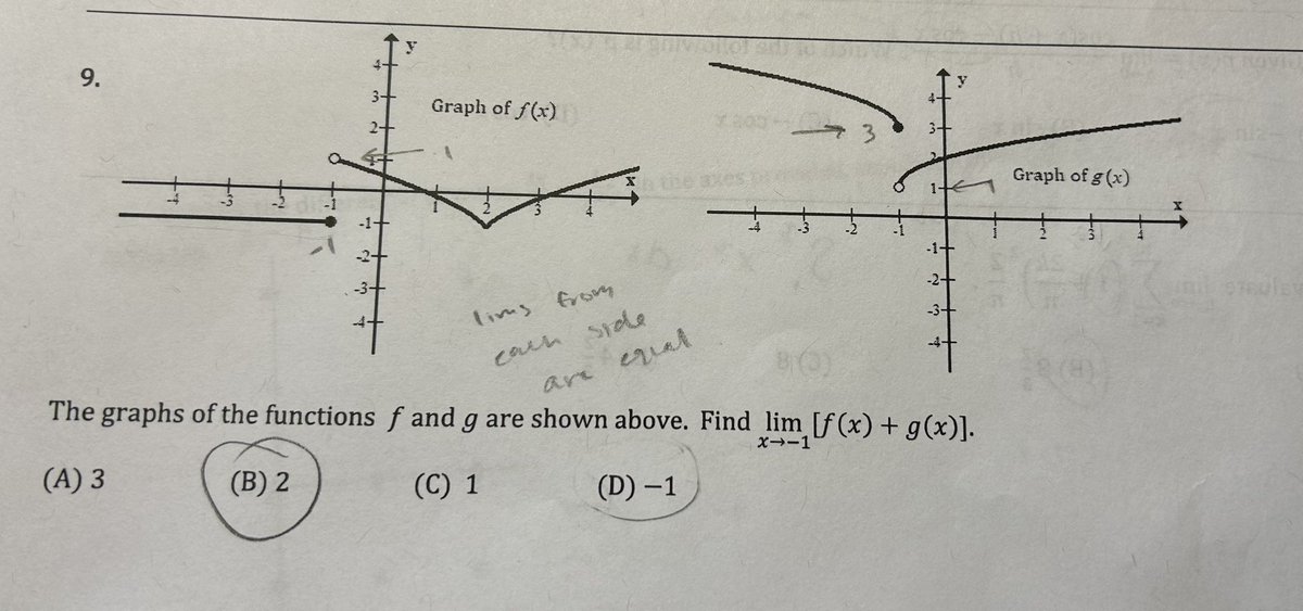 KarenCampe's tweet image. Hello #APcalc #calculus friends: 
Help with this Q? 
I know it&apos;s trying to test how limit of a sum is sum of the limits.... but the separate limits must exist, right? 

Here the 2-sided limits don&apos;t exist, but 1-sided do. 
What do you think? 
#MTBoS #iTeachMath #APcalculus