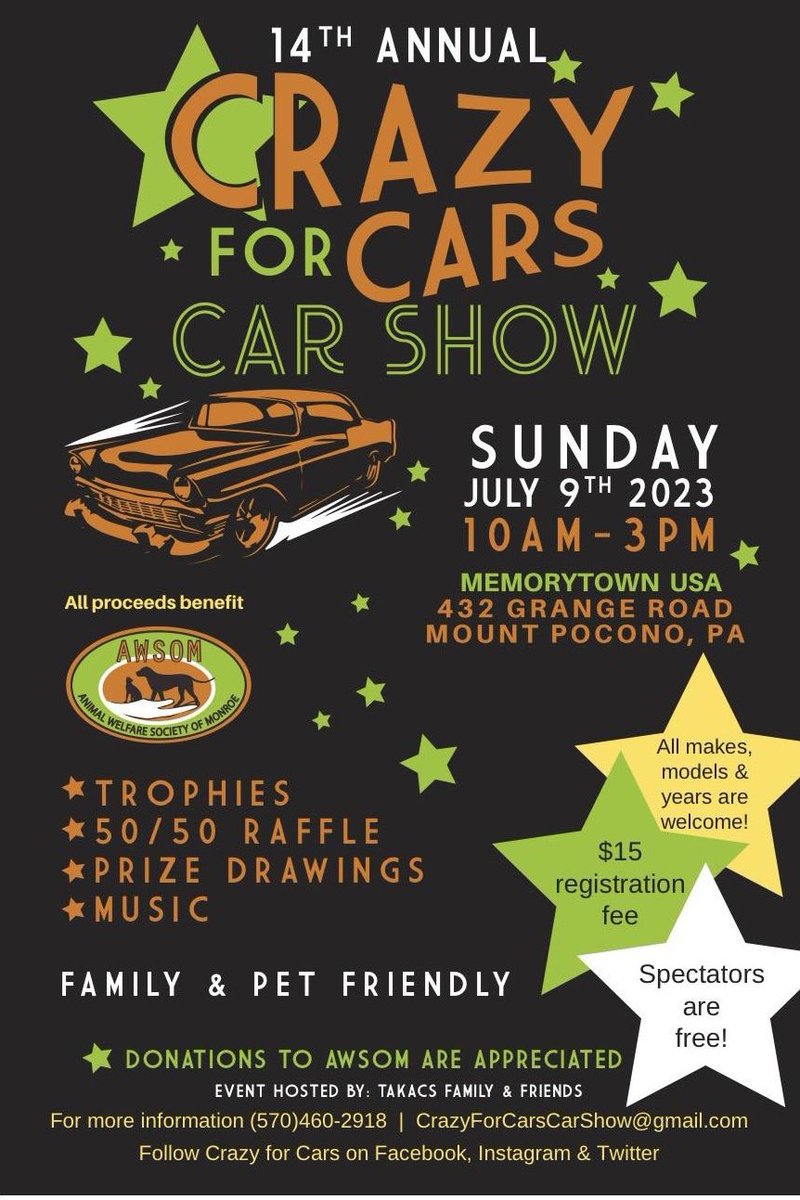 CrazyForCarsCS's tweet photo. 14th annual car show to benefit our local no kill, non profit animal shelter. Seeking trophy sponsors, thank you. https://t.co/W4RGfu3Act