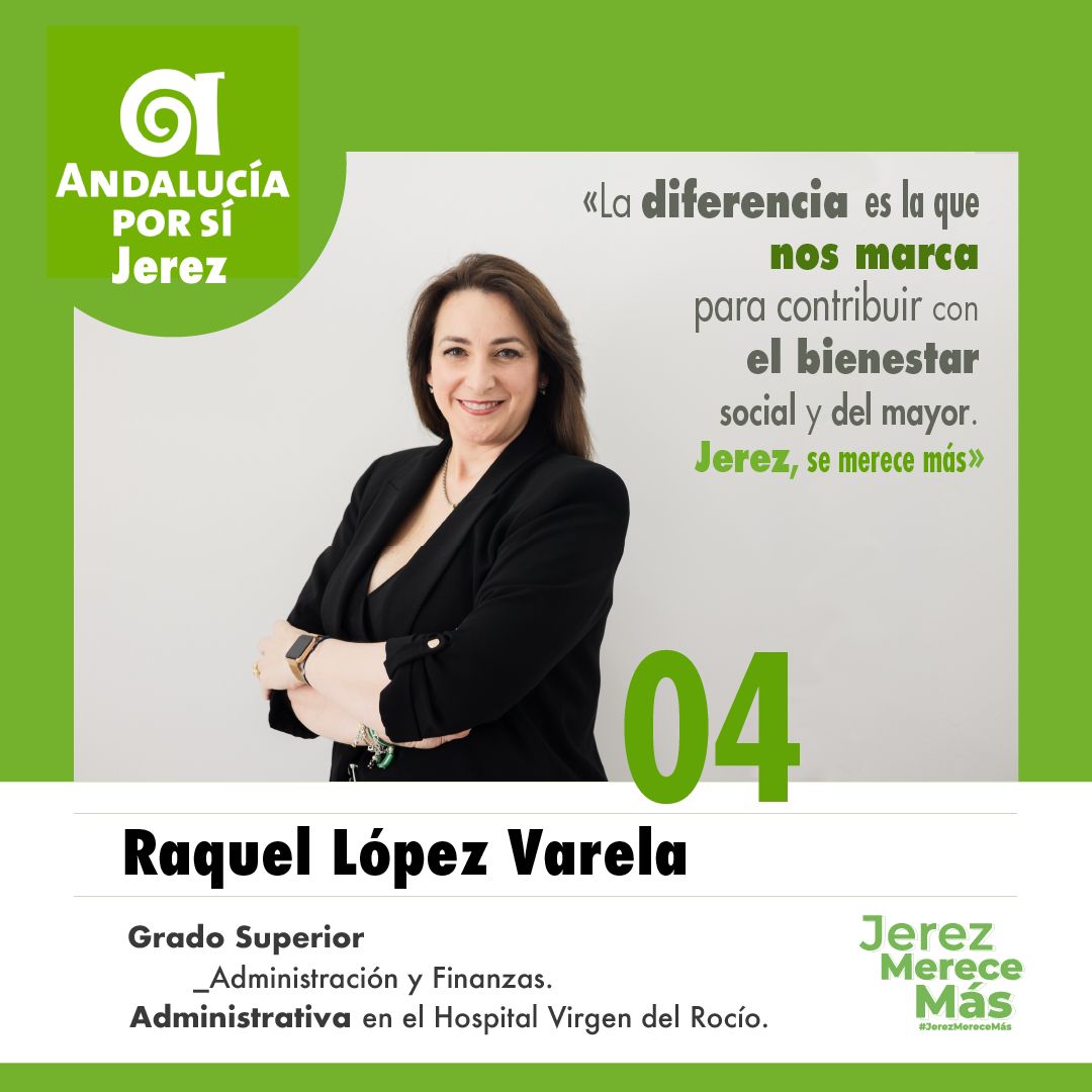 Axsi_Jerez's tweet photo. 👉 Continuamos con la presentación del equipo que  acompaña como candidato a @SantiagoCasal el próximo 28 de mayo. 

➡️ El número  4 es Raquel López Varela, Grado superior en Administración y finanzas, administrativa en el hospital Virgen del Rocío.

#jerezmerecemás https://t.co/SECQqvM09X