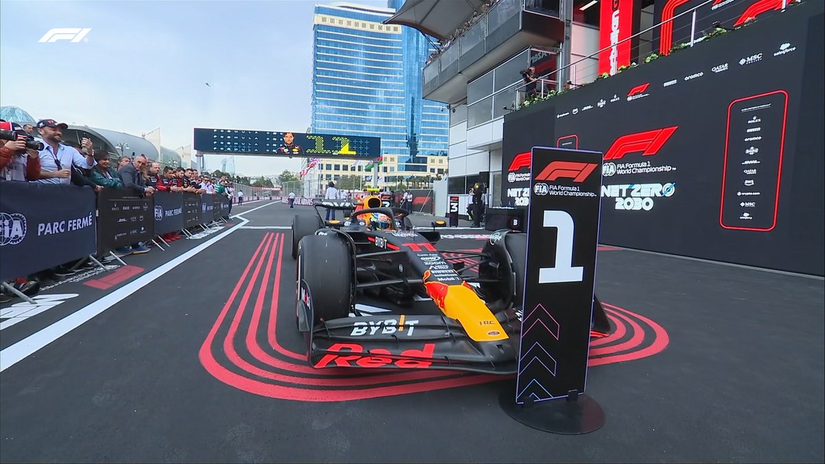 F1's tweet image. CHECO RULES THE STREETS IN BAKU!!! 🇦🇿💪

It’s another street circuit masterclass from Perez who holds off Verstappen who finishes second with Leclerc taking third 👏👏

#AzerbaijanGP #F1