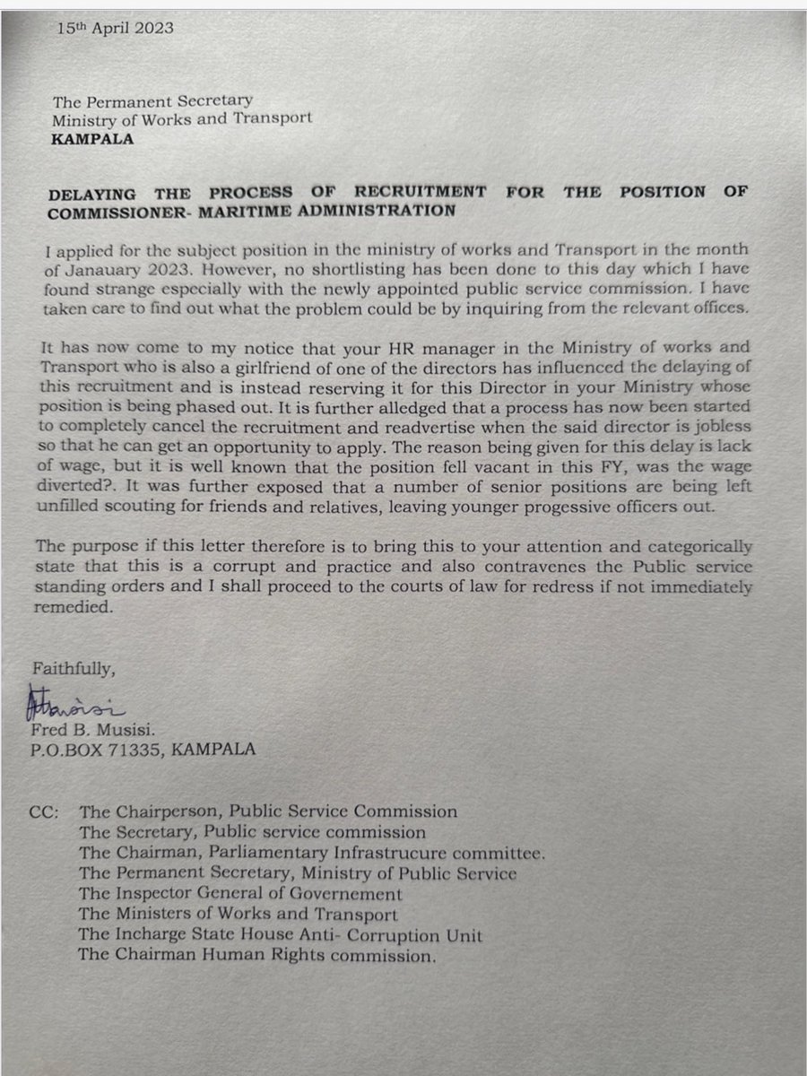 MuhamadiMatovu's tweet photo. Gov’t Agency Mergers: Job fights in @MoWT_Uganda Fred MUSISI who applied to be the Commisioner, Maritime admin. in the Min of works writes to Ministry PS claiming he is being denied the Job because it is being kept for another Director whose position is being phased out. https://t.co/crdfNF5pwm