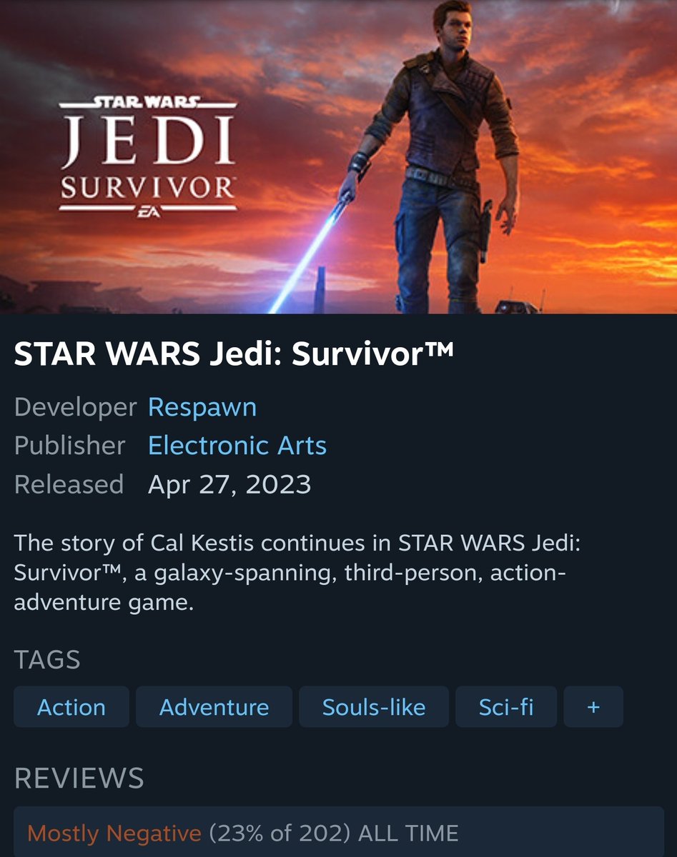 Cyberpunk2121's tweet photo. @PaulTassi @Forbes Star Wars Jedi: Survivor PC user and critics reviews vs Cyberpunk 2077 PC user and critics reviews:
@PaulTassi https://t.co/sbuBwLDBNP