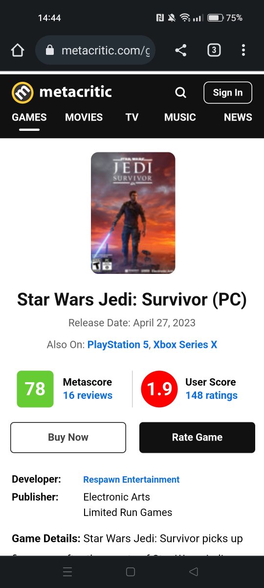Cyberpunk2121's tweet photo. @PaulTassi @Forbes Star Wars Jedi: Survivor PC user and critics reviews vs Cyberpunk 2077 PC user and critics reviews:
@PaulTassi https://t.co/sbuBwLDBNP