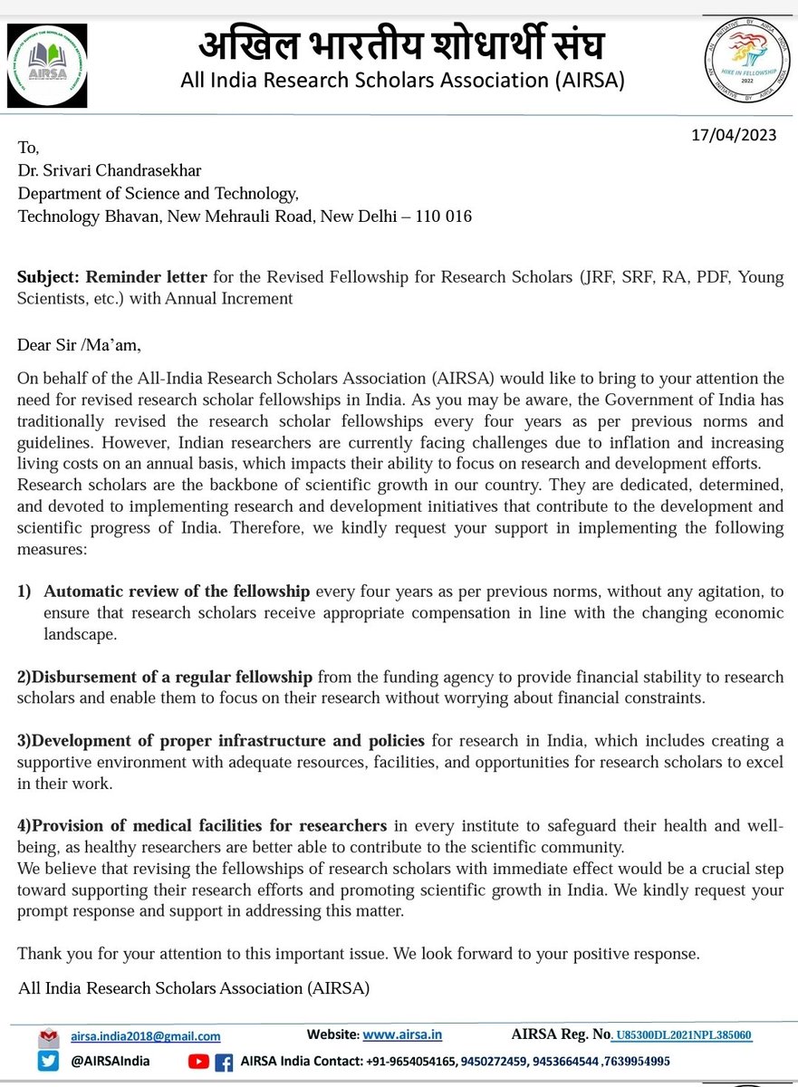 AIRSAIndia's tweet image. It&apos;s a another request /reminder for👇 #Hike_in_fellowship_
#Regular_Disbursement_of_fellowship 
#Stop_PhD_Scholars_Harassment 
Share your name as a volunteer for Delhi campaign @DanitaYadav @RitikaChopra__ @TimesNow @dpradhanbjp @DrJitendraSingh @srivaric @Xpress_edex @IndiaDST