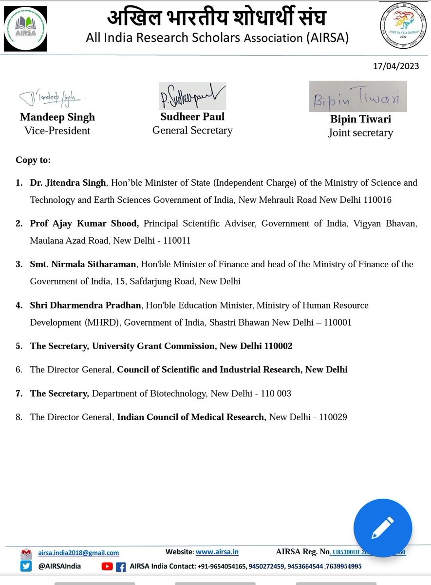 AIRSAIndia's tweet image. It&apos;s a another request /reminder for👇 #Hike_in_fellowship_
#Regular_Disbursement_of_fellowship 
#Stop_PhD_Scholars_Harassment 
Share your name as a volunteer for Delhi campaign @DanitaYadav @RitikaChopra__ @TimesNow @dpradhanbjp @DrJitendraSingh @srivaric @Xpress_edex @IndiaDST