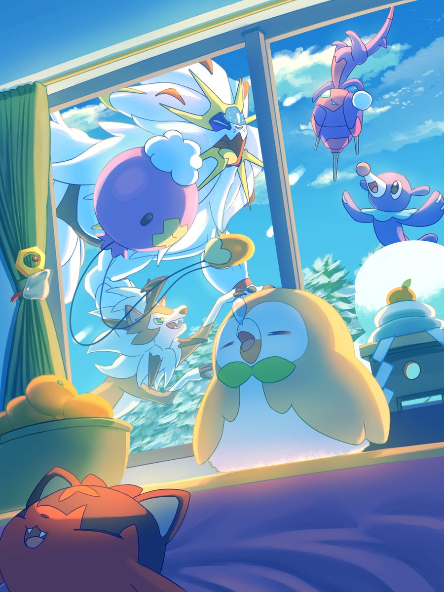 rowlet pokemon (creature) sleeping no humans closed eyes bird lying from above  illustration images