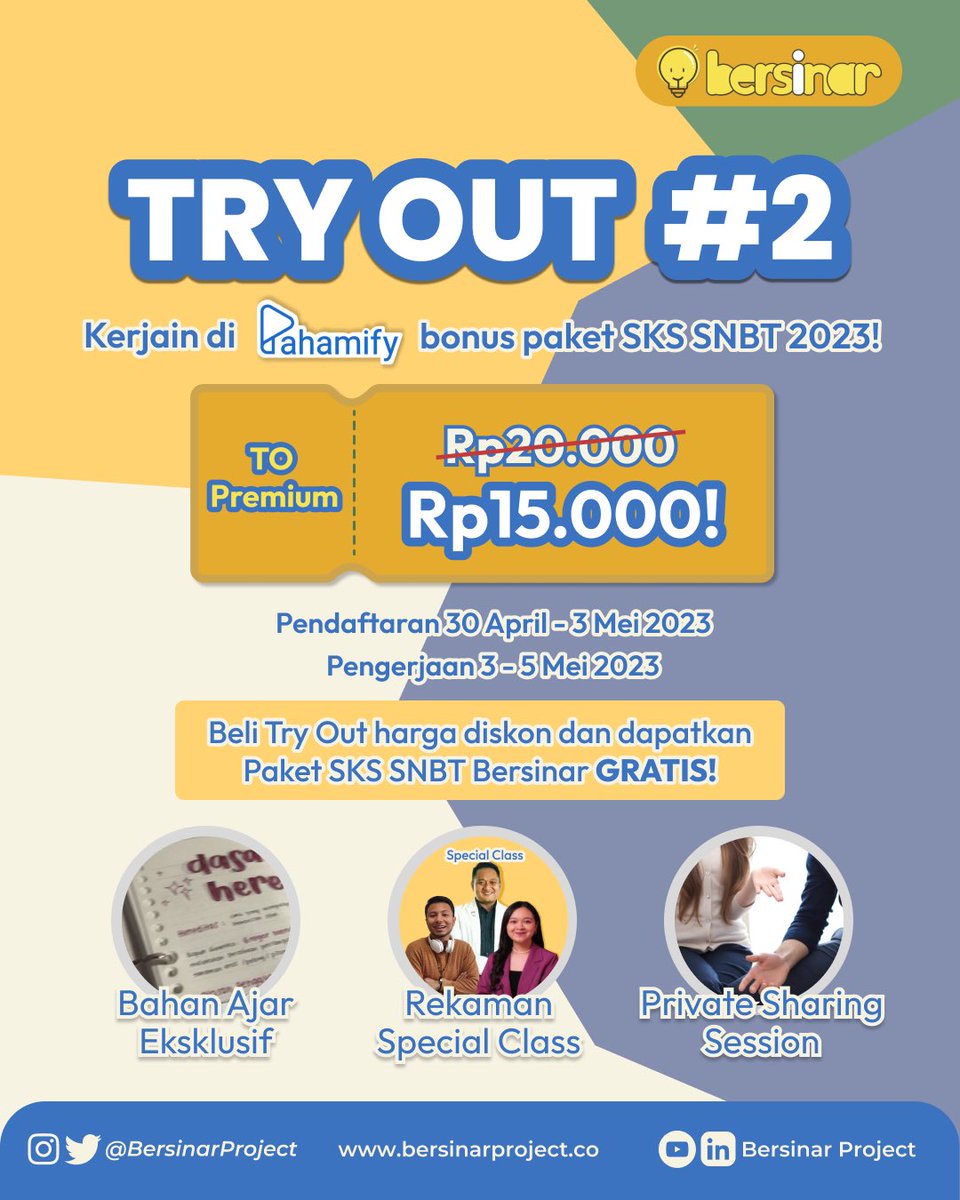 BersinarProject's tweet photo. H-8 SNBT Sob 🙀‼️

Peregangan dengan ikut TO dulu gak sih?

Pas banget nih menjelang SNBT, Pahamify X Bersinar menghadirkan Try Out yang pastinya terjangkau dan penting banget untuk diikutin loh 🤩 https://t.co/Zj3YiNIfy1