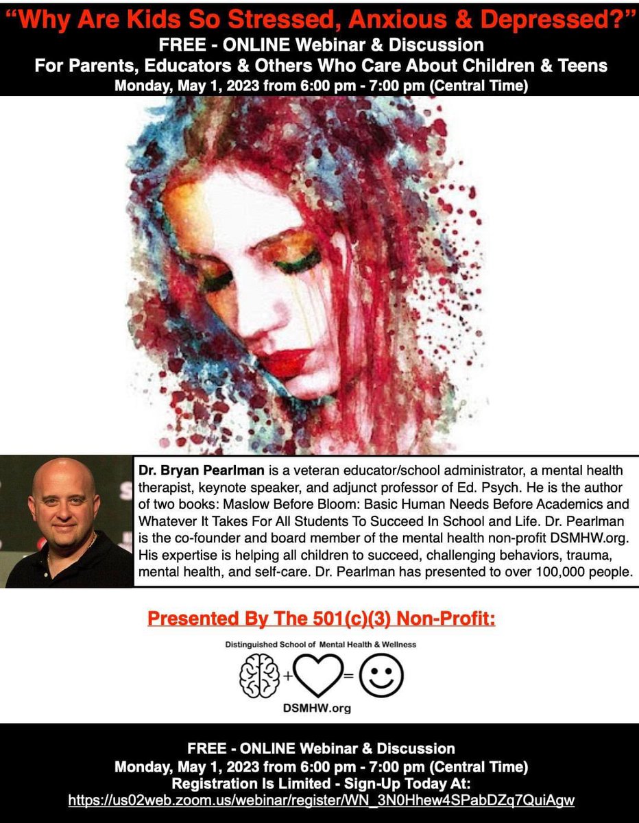 DrP_Principal's tweet photo. Last call for Monday’s Webinar…

"Why are my kids so stressed, anxious &amp; depressed?" 
Featuring: Dr. Bryan Pearlman
May 1, 2023 06:00 PM Central Time (US and Canada) 
Register in advance for this webinar:

https://t.co/nJq9u7O8tZ https://t.co/WHKn1t6eZx