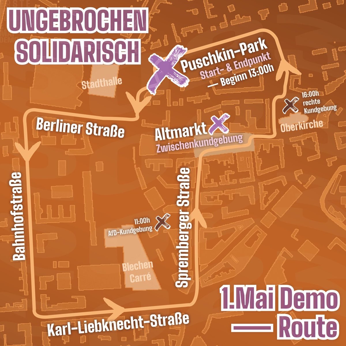 Übersicht über den #1mai in #Cottbus. Wir stehen zusammen und überlassen die Stadt nicht den Rechten und ihrer unsolidarischen Hetze. Kommt vorbei! #cb0501 #UngebrochenSolidarisch