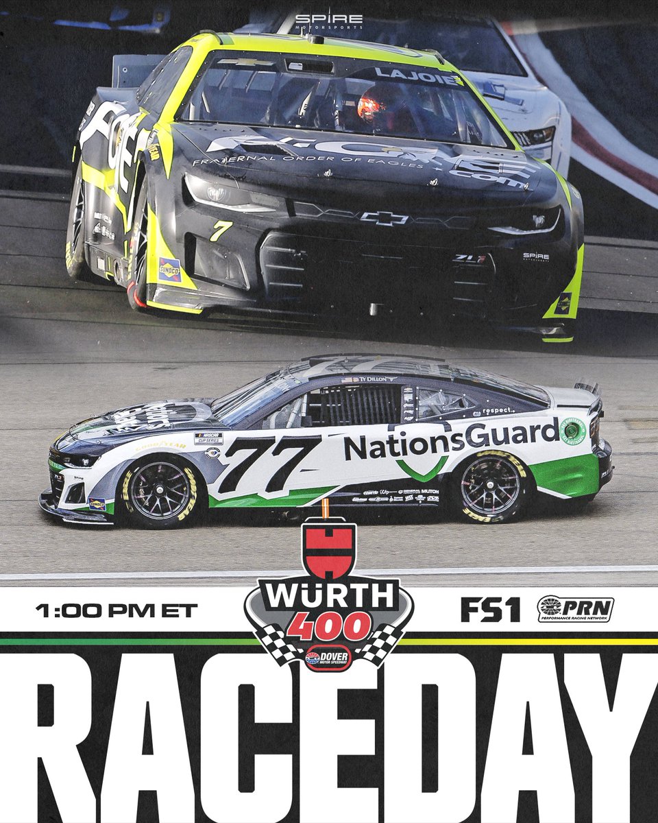 SpireMotorsport's tweet photo. It's time to go racing! Catch @CoreyLaJoie in his @FOEGrandAerie #7 and @tydillon in his @NationsGuard #77 today at 1pm on @FS1. #spiremotorsports #fraternalorderofeagles #nationsguard #NASCAR #cupseries #dover https://t.co/USCK8iwYKB