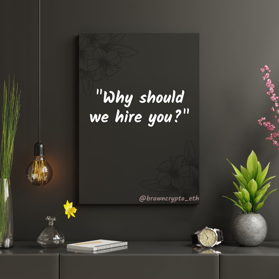 BrawnCrypto_eth's tweet photo. A simple interview question made me lose a $2000 gig

This is the most common and difficult Web3 Job interview question

⇨“Why should we hire you?”

This 4mins article will get up to speed on this common question

90% will skip this thread as usual🙈

♥ &amp; RT

A Thread 🧵🪡 https://t.co/I0NDFlqqwt