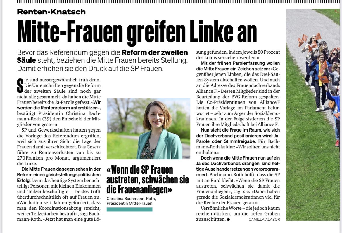 Wir <a href="/MitteFrauenCH/">Die Mitte Frauen Schweiz</a> unterstützen die #Pensionskassenreform, welche einer Vielzahl von Frauen endlich bessere Altersrenten ermöglicht! Wir stehen nicht für Kampfrethorik, sondern für Lösungen und kämpfen - mit Humor und Selbstbewusstsein🙌 <a href="/Sonntags_Blick/">SonntagsBlick</a>