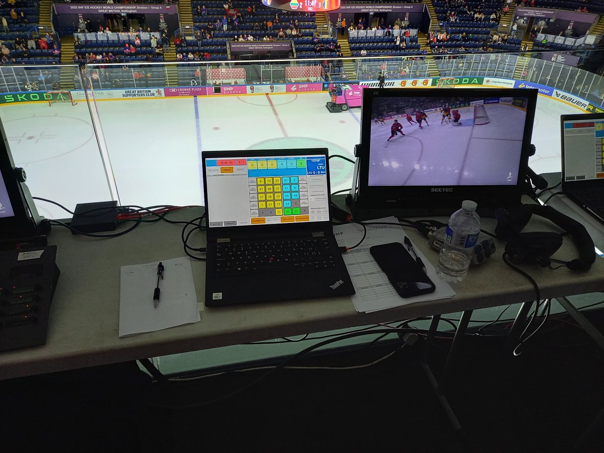 No goal lights in the World Championships, so I'm on stats up in the God's. It's like being at Toronto with all these screens.