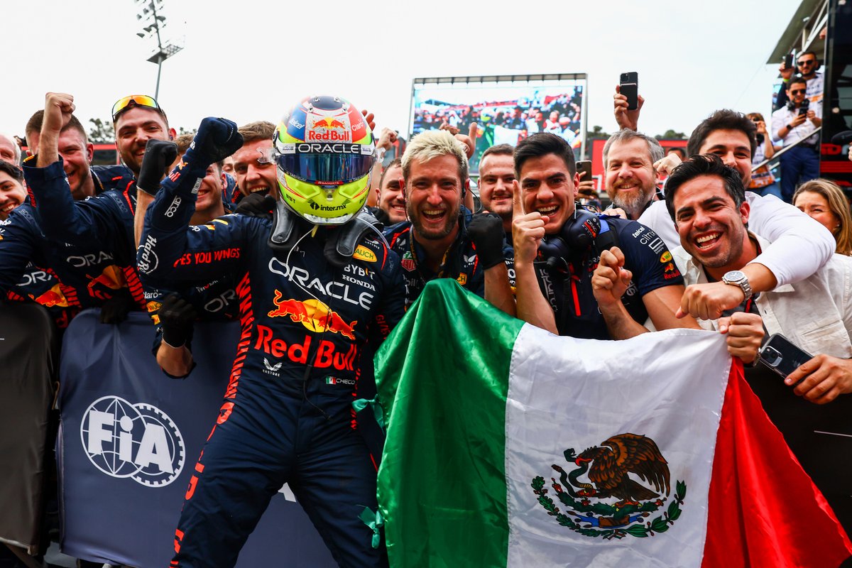 redbull's tweet photo. Double podium?! 🔥 big ups to our double podium duo @SChecoPerez 🥇 and  @Max33Verstappen 🥈 for a Sunday well spent 🏆🏆 https://t.co/b6xP8eKxB2
