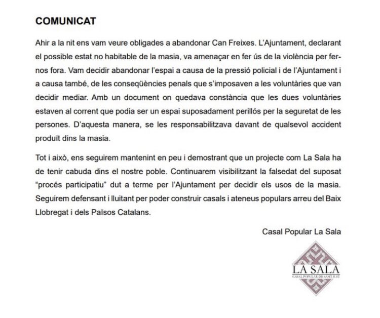 lasalasantjust's tweet image. Comunicat del casal popular La Sala🔥✊🏻