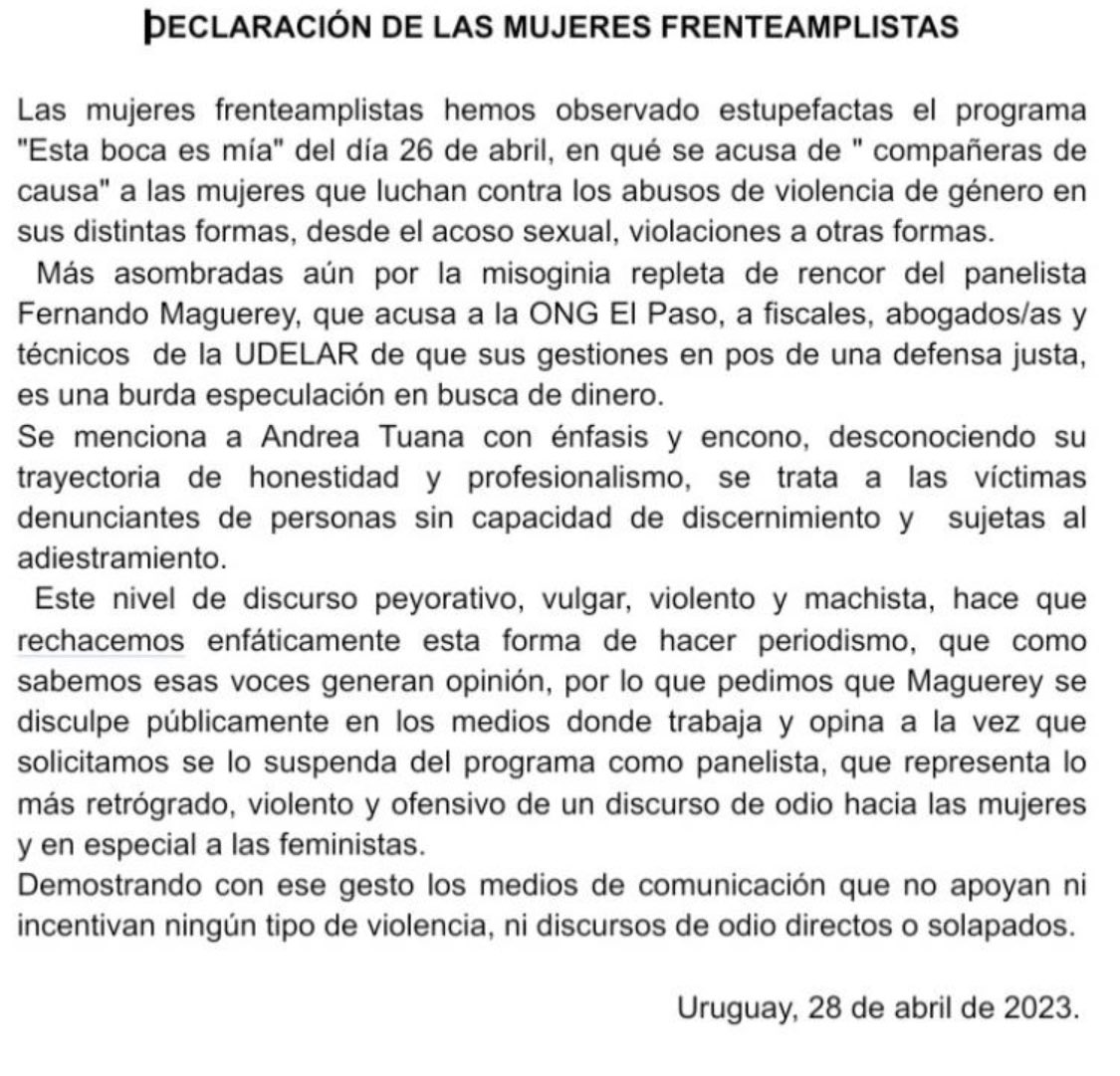 fmarguery's tweet image. Las mujeres frenteamplistas (?) me califican de “misógino”, “rencoroso”, “retrógrado”, “violento” y “ofensivo”.
Solicitan que pida disculpas y que me echen de Esta Boca es Mia”.

En el programa dije “ideología y negocio” ahora le agrego “totalitarismo y corporativismo”.

Del