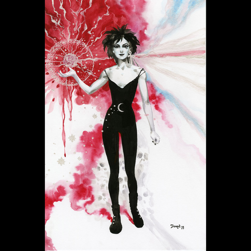 ColleenDoran's tweet image. DEATH. From Sandman. Watercolor and silver ink. The silver is probably mica or nickle-based, silver would tarnish. Private commission. #sandman #theendless #neilgaiman