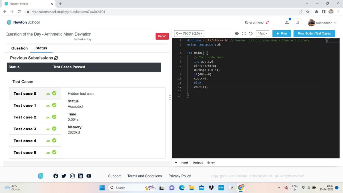 Subhankar938's tweet image. #day_16_of_101_days_of_code
Problem Name - Arithmetic Mean Deviation
#nsdiscord #codewithns #101daysofcodens
Language-C++
referral link:- my.newtonschool.co/register/certi…