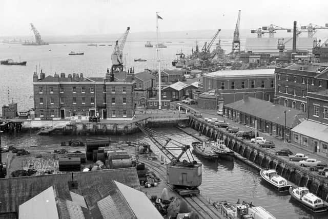 htafcontour's tweet photo. View north from Semaphore Tower showing South Camber and King's Stairs, Portsmouth Dockyard in 1970. https://t.co/H4q9d50Zit