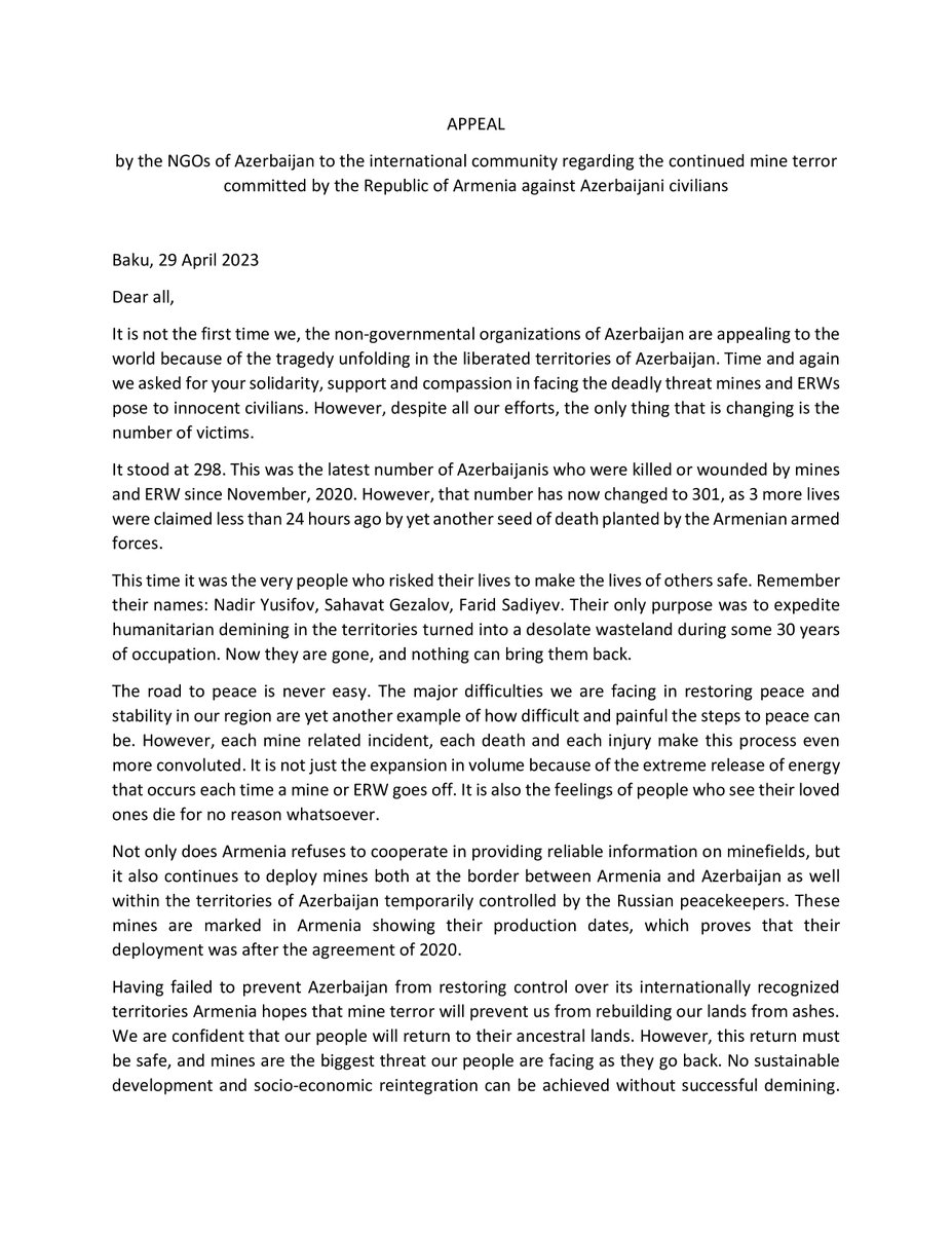 khalidayxan's tweet photo. APPEAL by the NGOs of Azerbaijan tothe international community regarding the continued mine terror committed by the Republic of Armenia against Azerbaijani civilians
@UN
@coe
@hrw
@UN_HRC
@amnesty
@UNICEF
@UNESCO
@EuropeanCommiss
@Europarl_EN
@osce_odihr
@save_children
@ICRC
@CNN https://t.co/kHf5CWcCQs