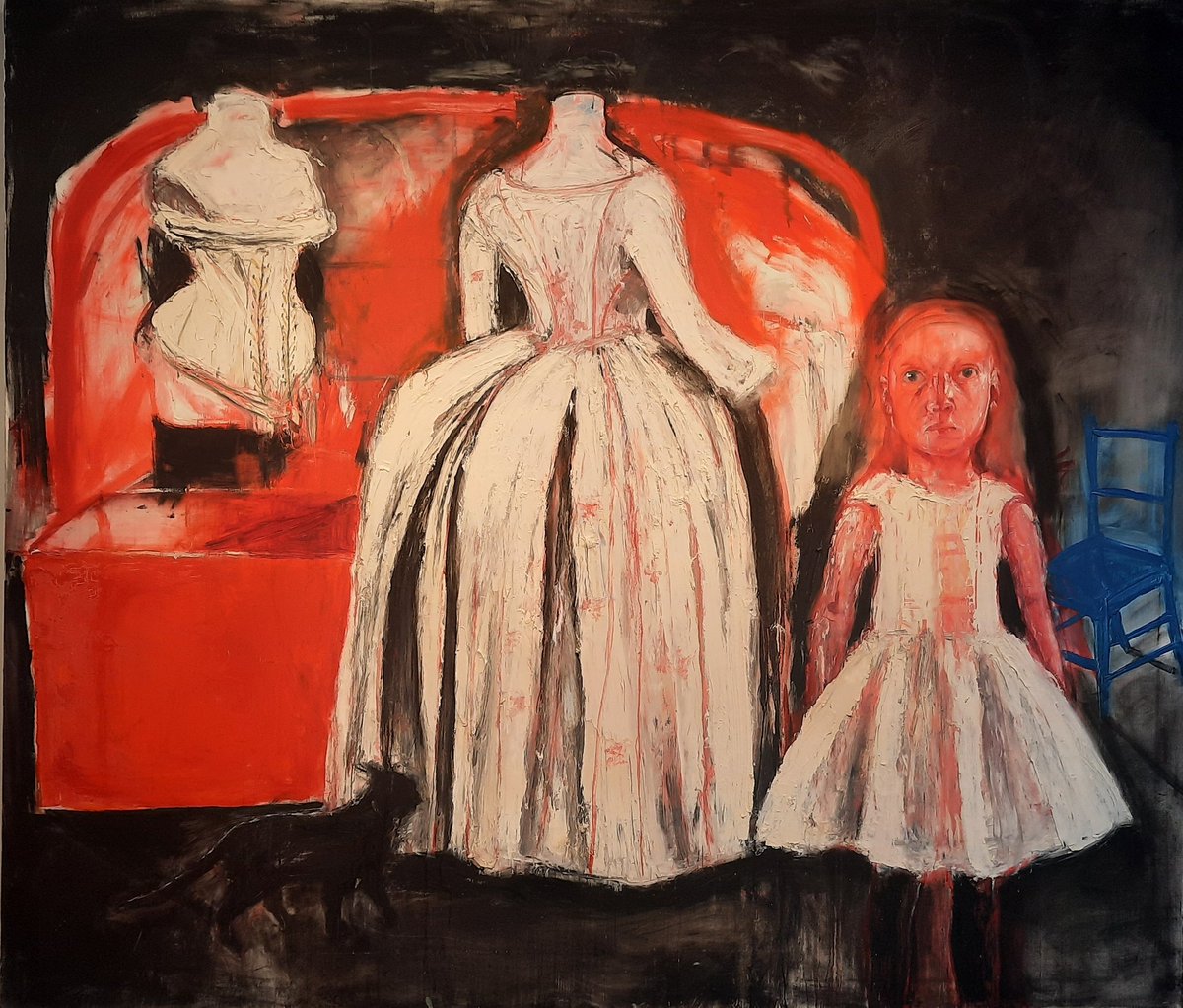 ruth_millington's tweet photo. Chandeliers, black cats, corsets on headless mannequins, shadowy interiors. @shanipainter's superb and unsettling solo show @connaughtbrown is open 🖤 https://t.co/XR5WB1HA08