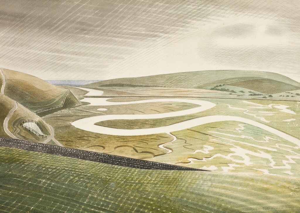 Cuckmere Haven, Eric Ravilious, 1939. The original artwork is in the collection of @TownerGallery. East #Sussex #EastSussex #SouthDowns