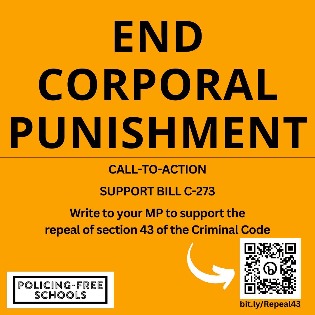 📣International Day to #EndCorporalPunishment

We along #PolicingFreeSchoolsCA partners call4solidarity w/ @MPJulian’s Bill C-273

Truth & Reconciliation Commission call-to-action #6 & #Repeal43

Ending corporal punishment is a must #PolicingFreeSchools

📣bit.ly/Repeal43