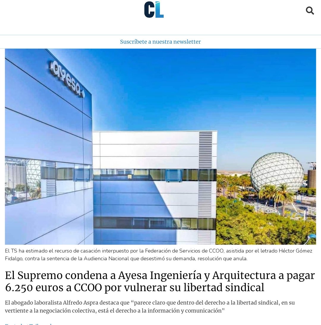 ⚖️ El TS condena a la empresa Ayesa Ingeniería y Arquitectura, SAU a pagar 6.250€ a <a href="/CCOO/">Comisiones Obreras</a> por vulnerar la libertad sindical al negarse a facilitarle una cuenta de correo electrónico corporativa
bit.ly/3NpWHBv

<a href="/serviciosccoo/">Servicios CCOO</a> <a href="/CCOOAYESA/">CCOO AYESA Ing y Arq</a> <a href="/IbermaticaCCOO/">CC.OO. Ayesa Ibermática</a>
<a href="/TICCOOservicios/">TIC CCOO Servicios</a>