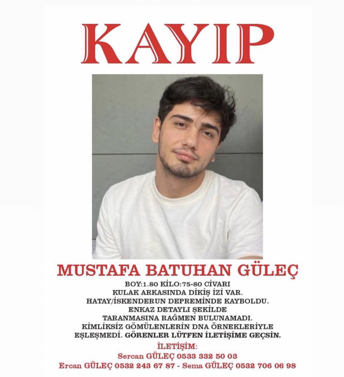 walsterbray's tweet photo. Mustafa Batuhan Güleç 6 Şubat depreminden beri kayıptı. Adana’da görenler olmuş. Bilinci yerinde değilmiş kendi kendine konuşuyormuş görenler uyuşturucu bağımlısı sanmışlar. 

İnşallah en kısa sürede bir an önce bulunur sağ salim kavuşurlar 🙏 https://t.co/N2aw4DsHDP