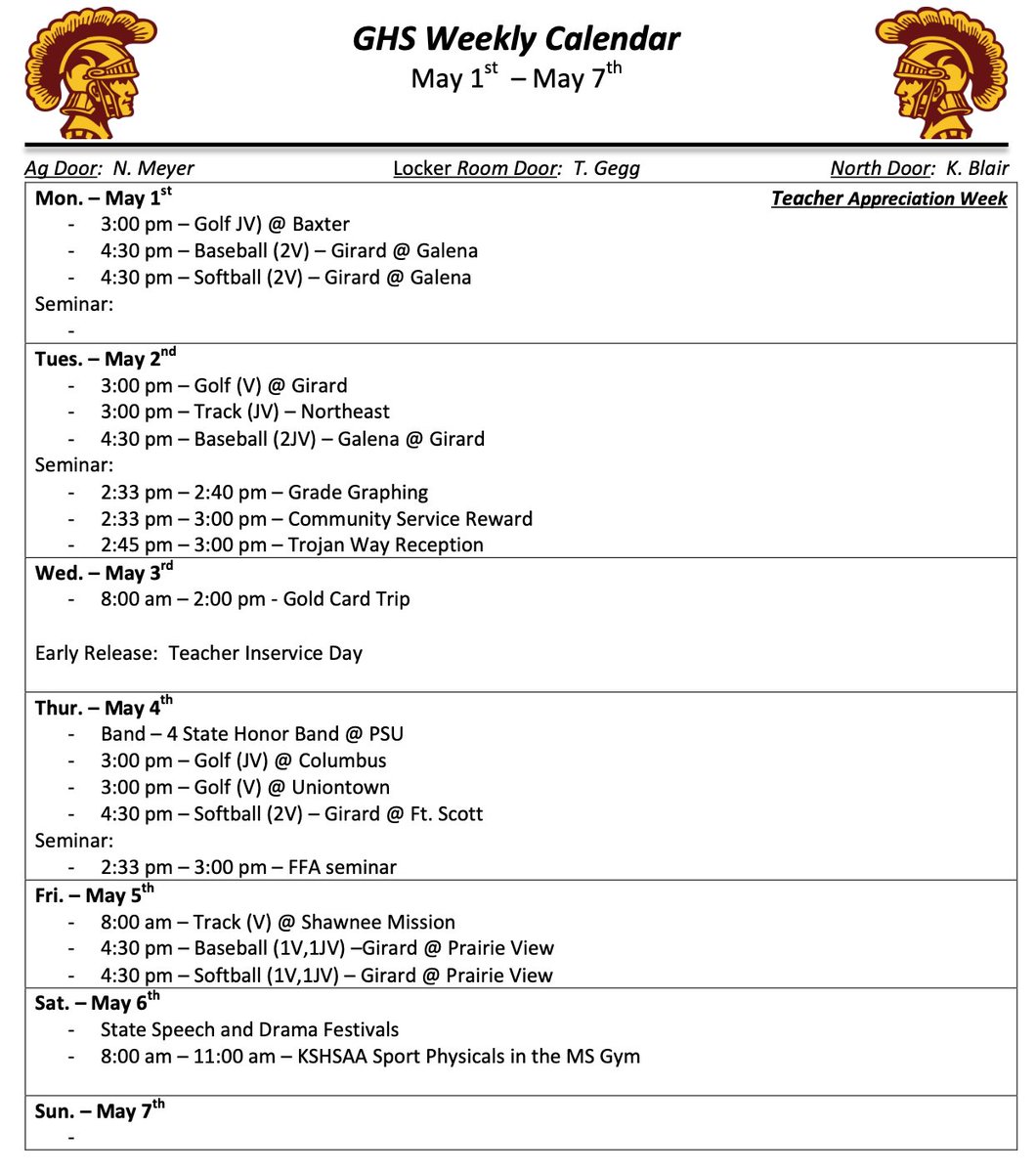 #248GHS Weekly Calendar May 1-7, 2023