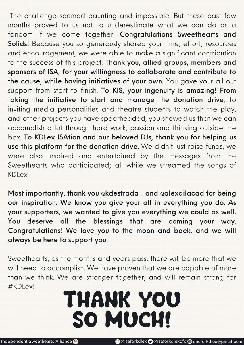 isaforkdlexofc's tweet photo. We know we're a bit late because most of us had to recharge but, THANK YOU. Thank you sweethearts, solids, sponsors, @isaforkdlexofc allied groups, members &amp; sponsors, @kdlexINTLswthrt, &amp; @kdlexisation. MagKIS-ISA always for our #KDLex. Congratulations @alexailacad @kdestrada_ 🤍 https://t.co/eOBsE51wAm