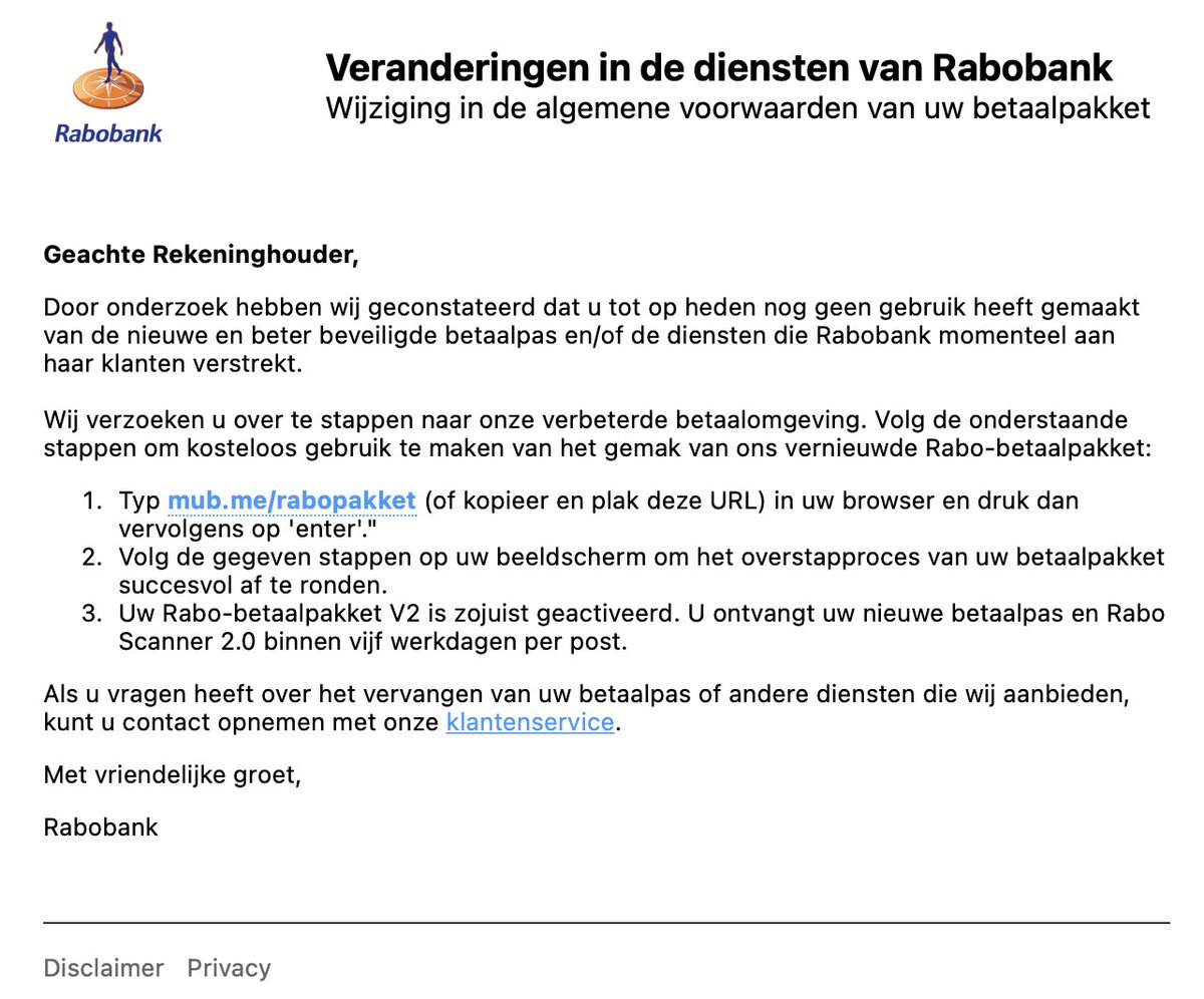 paderijk's tweet photo. @Rabobank wist niet dat er een Rabo Scanner 2.0 bestond... ff doorgestuurd naar valse-email@ en URL doorgegeven aan de vrienden van @Google #Phishing https://t.co/D2C57zxYz6